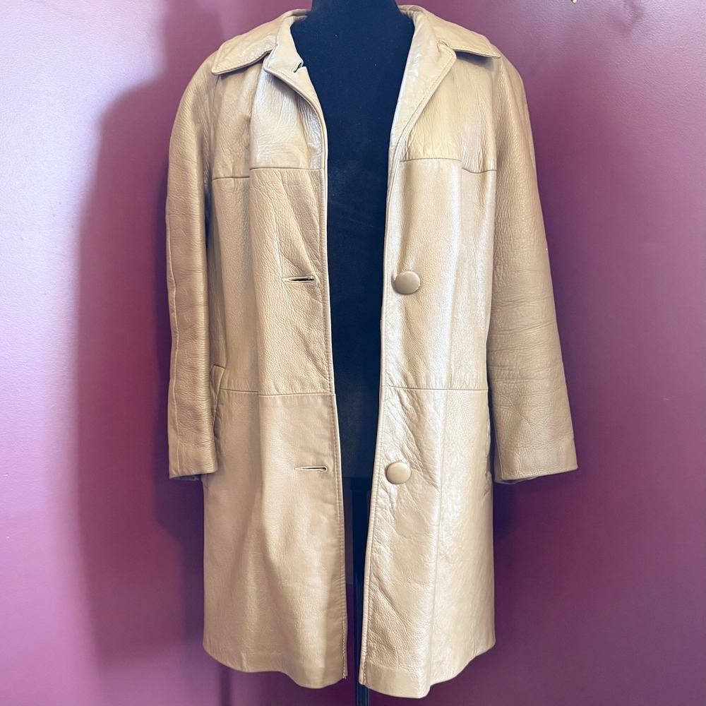 VTG 60s MCM Brown Tan Leather Jacket Long Coat Lined Buttons Pockets Women Sz M